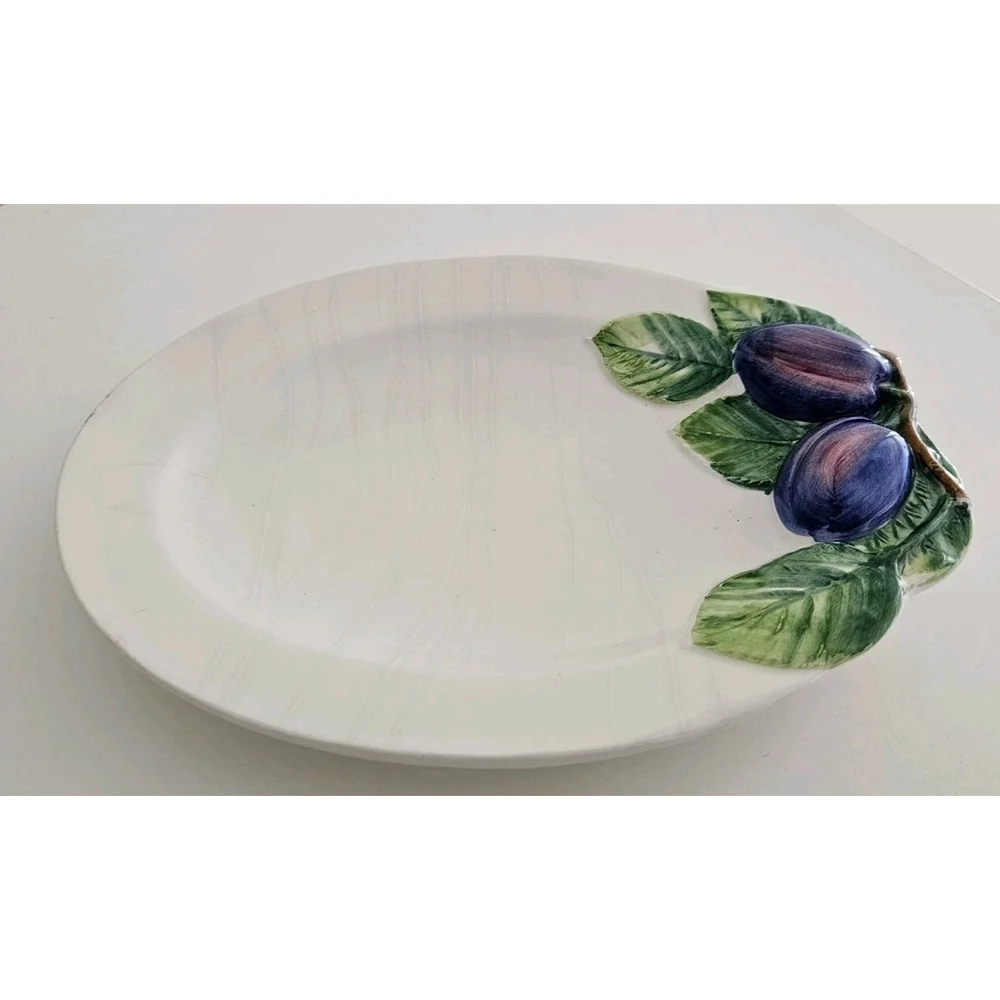 Vintage Italian Pottery Platter Decorato a Mano Italy Hand Painted Blue Plum